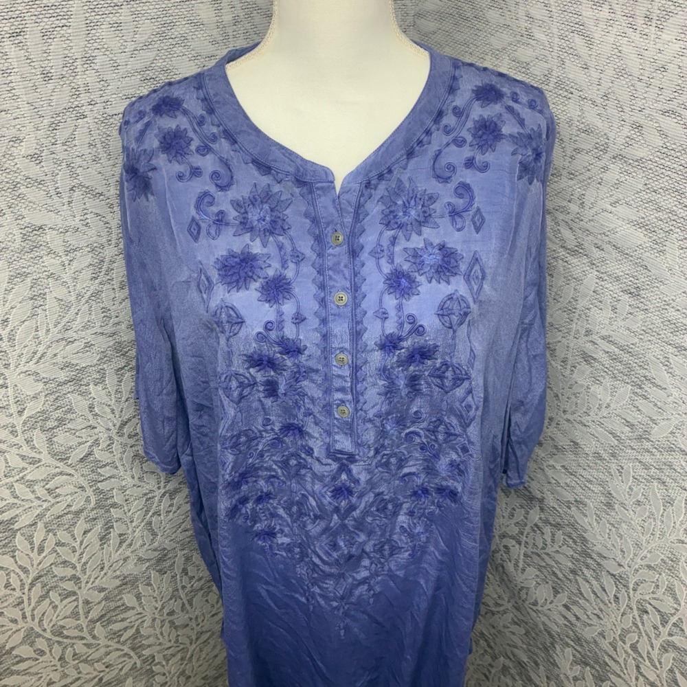 Coldwater Creek Tunic Womens Plus Oversized Blue Embroidered Cupro Henley